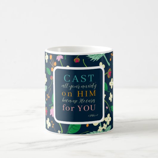 フローラ聖なる書物、 経典1ピーター5:7 コーヒーマグカップ (中央)