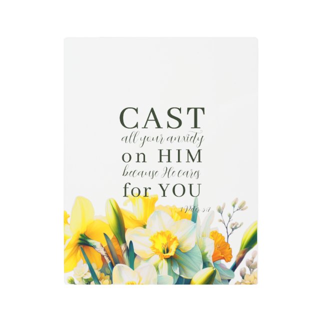 フローラ聖なる書物、 経典1ピーター5:7 メタルプリント (正面)