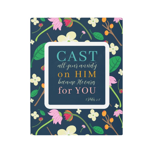 フローラ聖なる書物、 経典1ピーター5:7 メタルプリント (正面)