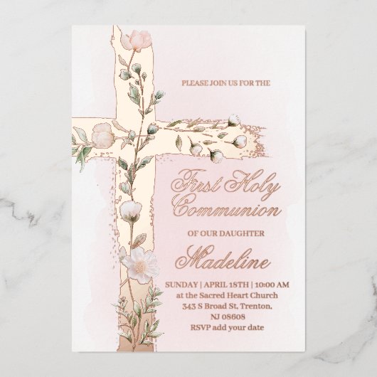 フローラ聖十字第一聖餐式 箔招待状 (正面)