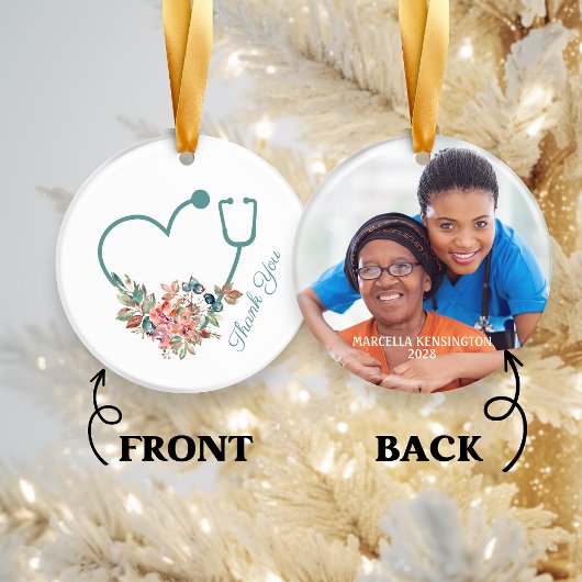 フローラ聴診器ハート介護者ありがとう写真 セラミックオーナメント