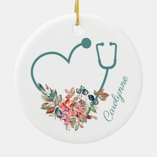 フローラ聴診器ハート医療ナース介護者 セラミックオーナメント (裏面)