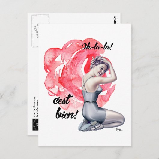 フローラ背景を持つPin-Upガール ポストカード (正面/裏面)