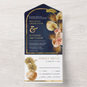 フローラ自然アーチ乾燥パームネイビーブルー結婚ズ オールインワン招待状 (内側)