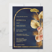 フローラ自然アーチ乾燥パームネイビーブルー結婚ズ 招待状 (正面)