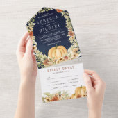 フローラ自然ボタニカルパンプキンネイビーブルー結婚ズ オールインワン招待状 (貼ってはがせる)