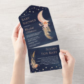 フローラ自然三日月ネイビーブルーベビーシャワー オールインワン招待状 (貼ってはがせる)