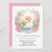 フローラ至福ピンクダックガールベビーシャワー 招待状 (正面/裏面)