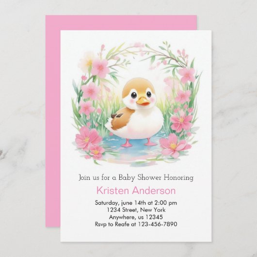 フローラ至福ピンクダックガールベビーシャワー 招待状 (正面/裏面)