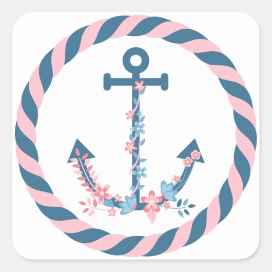 フローラ航海のいかりピンク&ネイビー花&ロープ スクエアシール (正面)