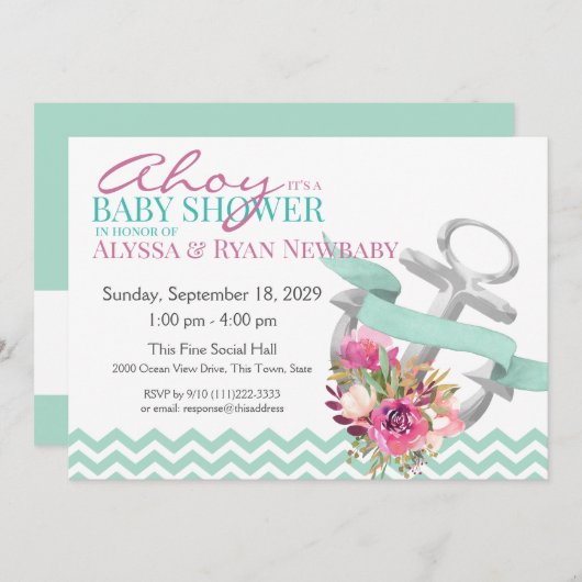 フローラ航海のいかりベビーシャワー 招待状 (正面/裏面)