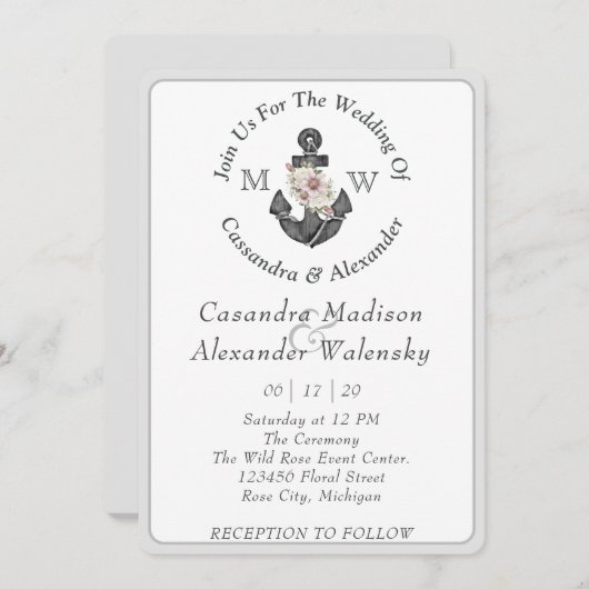 フローラ航海のいかり結婚ズシルバーグレイストライプ 招待状 (正面/裏面)