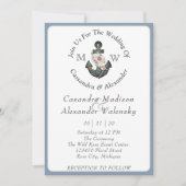 フローラ航海のいかり結婚ズダスティブルーストライプ 招待状 (正面)