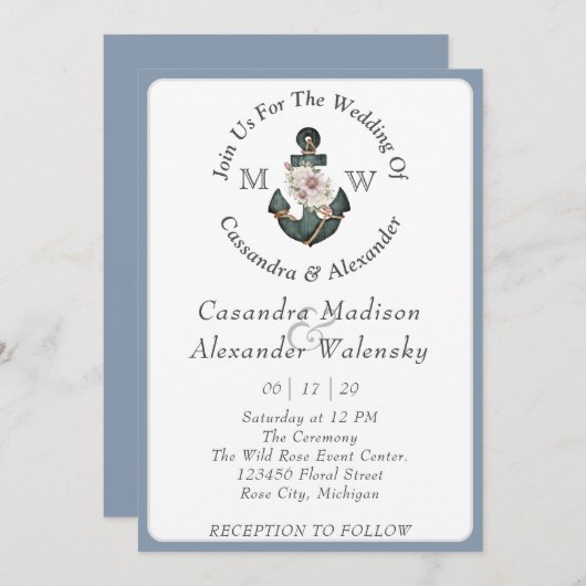 フローラ航海のいかり結婚ズダスティブルー 招待状 (正面/裏面)