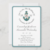 フローラ航海のいかり結婚ティール（緑がかった色）アクアブルー 招待状 (正面)