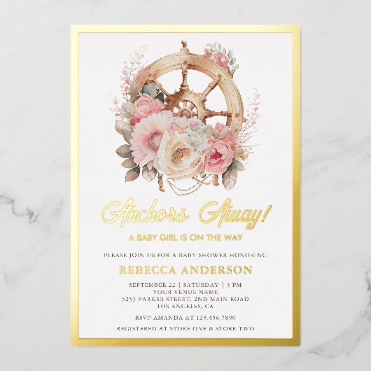 フローラ船車女航海の子赤ちゃんシャワー金ゴールド 箔招待状 (正面)