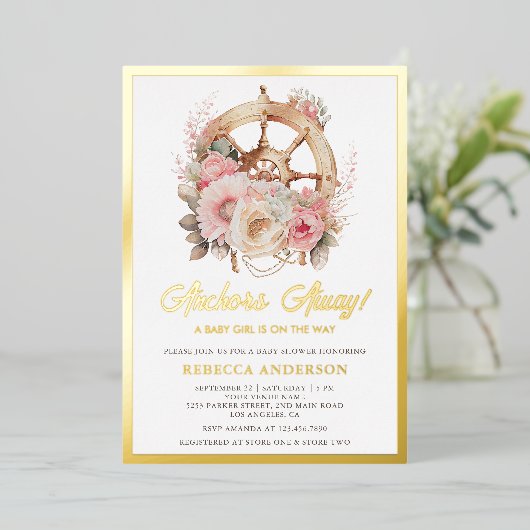 フローラ船車女航海の子赤ちゃんシャワー金ゴールド 箔招待状 (立ち正面)