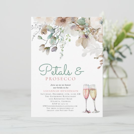 フローラ花びらとプロセッコティール(緑がかった色)ブライダルシャワー 招待状 (スタンド正面)