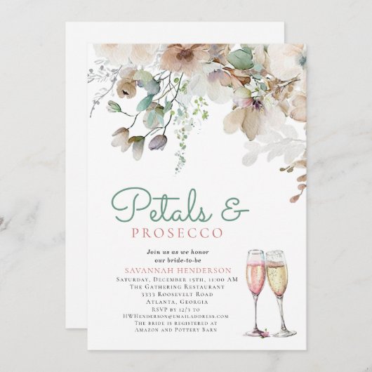 フローラ花びらとプロセッコティール（緑がかった色）ブライダルシャワー 招待状 (正面/裏面)