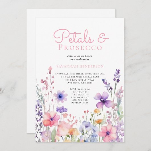 フローラ花びらとプロセッコフローラブライダルシャワー 招待状 (正面/裏面)