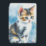 フローラ花園の子猫 iPad MINIカバー<br><div class="desc">この心温まる映像は、印象的な青い目と黒と白とオレンジの毛皮のブレンドで愛らしい子猫を映し出す。青と白の色合いをブレンドした柔らかく水の色のような背景は、夢のような雰囲気を高める。子猫の好奇心に満ちた視線と姿勢は、無邪気さと魅力を加え、視覚的に楽しく快適なシーンを作り出す。生成されたアート</div>