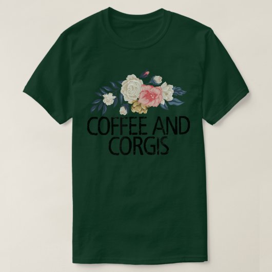 フローラ花水色コおもしろいーヒーとコーギ Tシャツ (デザイン正面)
