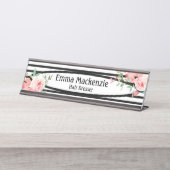 フローラ花白黒オフィスデスクサイン デスクネームプレート (正面)