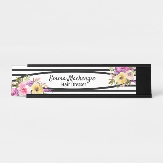 フローラ花白黒オフィスデスクサイン デスクネームプレート (正面)