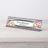 フローラ花白黒オフィスデスクサイン デスクネームプレート (正面)