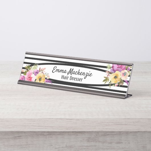 フローラ花白黒オフィスデスクサイン デスクネームプレート (正面)