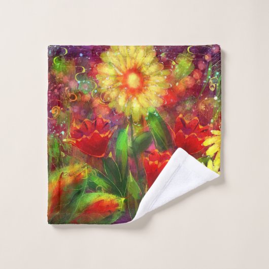 フローラ花花抽象芸術アートレッドイエロー ウォッシュタオル (ウォッシュタオル)