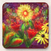 フローラ花花抽象芸術アートレッドイエロー コースター (正面)