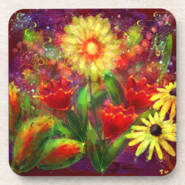 フローラ花花抽象芸術アートレッドイエロー コースター