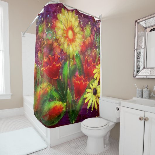 フローラ花花抽象芸術アートレッドイエロー シャワーカーテン (インサイチュ)