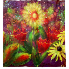 フローラ花花抽象芸術アートレッドイエロー シャワーカーテン