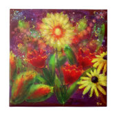 フローラ花花抽象芸術アートレッドイエロー タイル (正面)