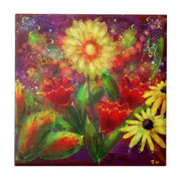 フローラ花花抽象芸術アートレッドイエロー タイル