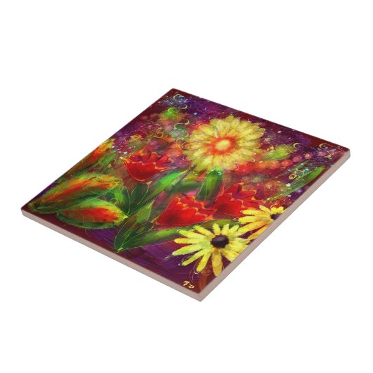 フローラ花花抽象芸術アートレッドイエロー タイル (側面)