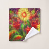 フローラ花花抽象芸術アートレッドイエロー バスタオルセット (ウォッシュタオル)