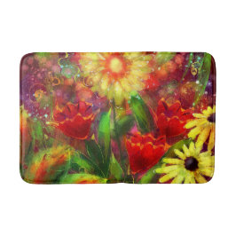 フローラ花花抽象芸術アートレッドイエロー バスマット