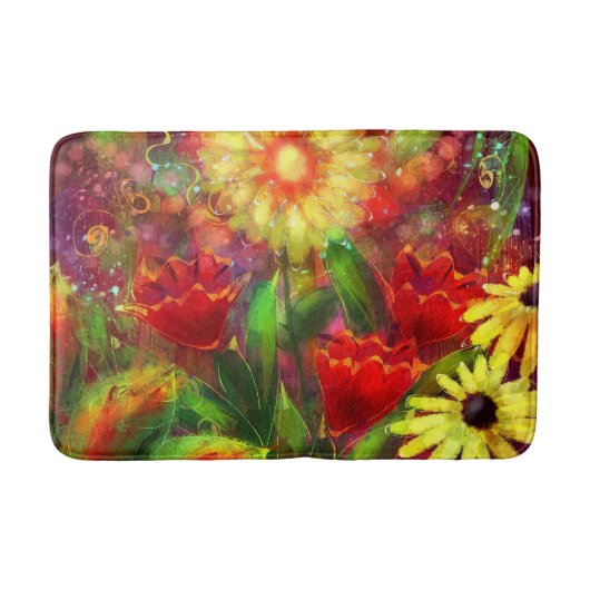 フローラ花花抽象芸術アートレッドイエロー バスマット (正面)