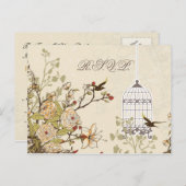 フローラ茶色の鳥ケージ、愛鳥RSVP インビテーションポストカード (正面/裏面)