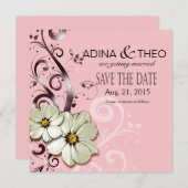 フローラ華美が輝いて日付を保存 |ピンク 招待状 (正面/裏面)