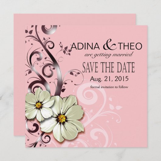 フローラ華美が輝いて日付を保存 |ピンク 招待状 (正面/裏面)