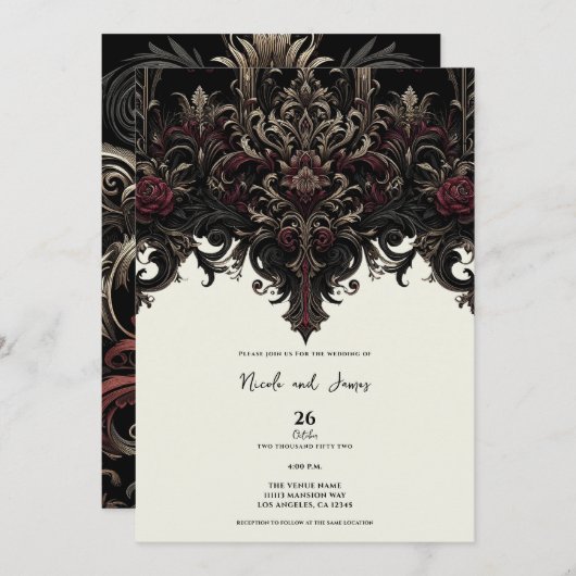 フローラ華美ゴシック様式のエレガントな結婚式 招待状 (正面/裏面)