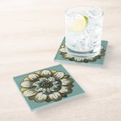 フローラ華美メダリオンライトブルー背景 ガラスコースター (アングル)