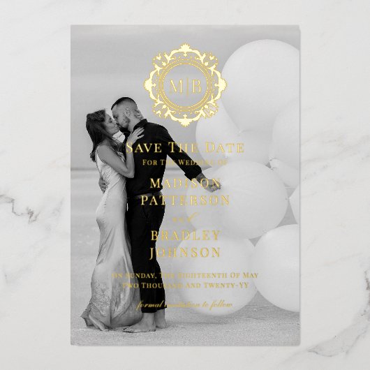 フローラ華美モノグラム写真結婚式の日付を保存 箔招待状 (正面)
