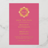 フローラ華美モノグラム写真結婚式の日付を保存 箔招待状 (正面)