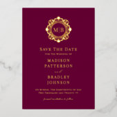 フローラ華美モノグラム写真結婚式の日付を保存 箔招待状 (正面)