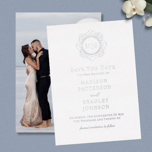 フローラ華美モノグラム写真結婚式の日付を保存 箔招待状